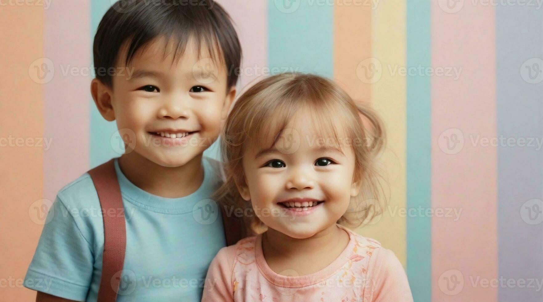 Smiling toddler boy and girl against colorful pastel background with space for text, children background image, AI generated photo