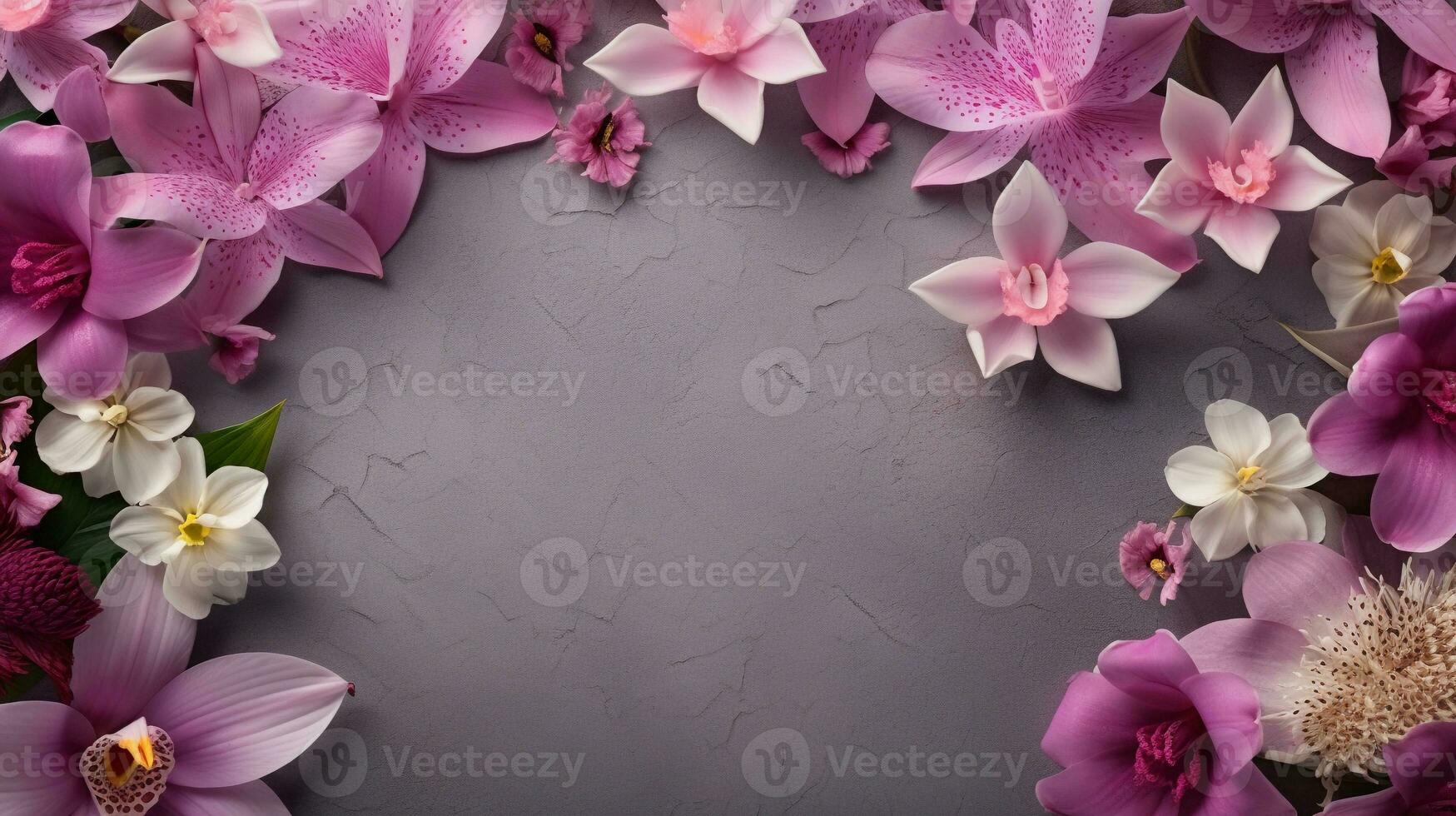 space for text on textured background surrounded by lily and orchid flowers from top view, background image, AI generated photo
