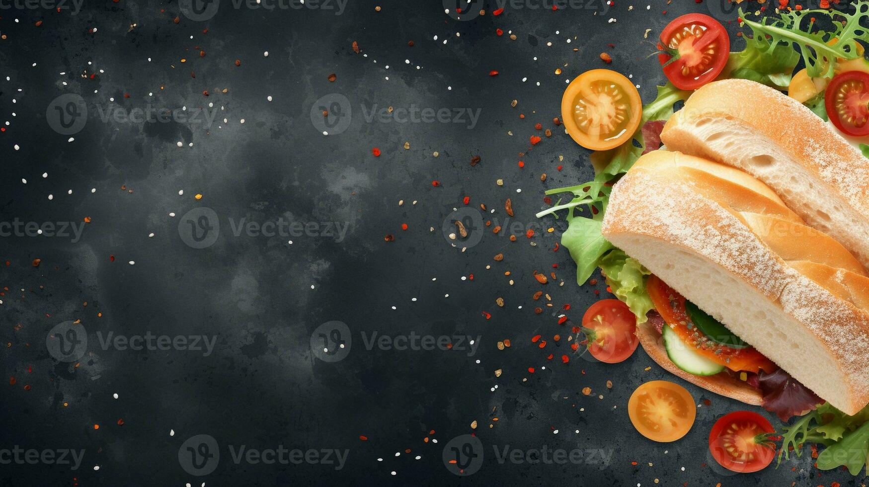 space for text on textured background with delicious sandwich on the side from top view, background image, AI generated photo