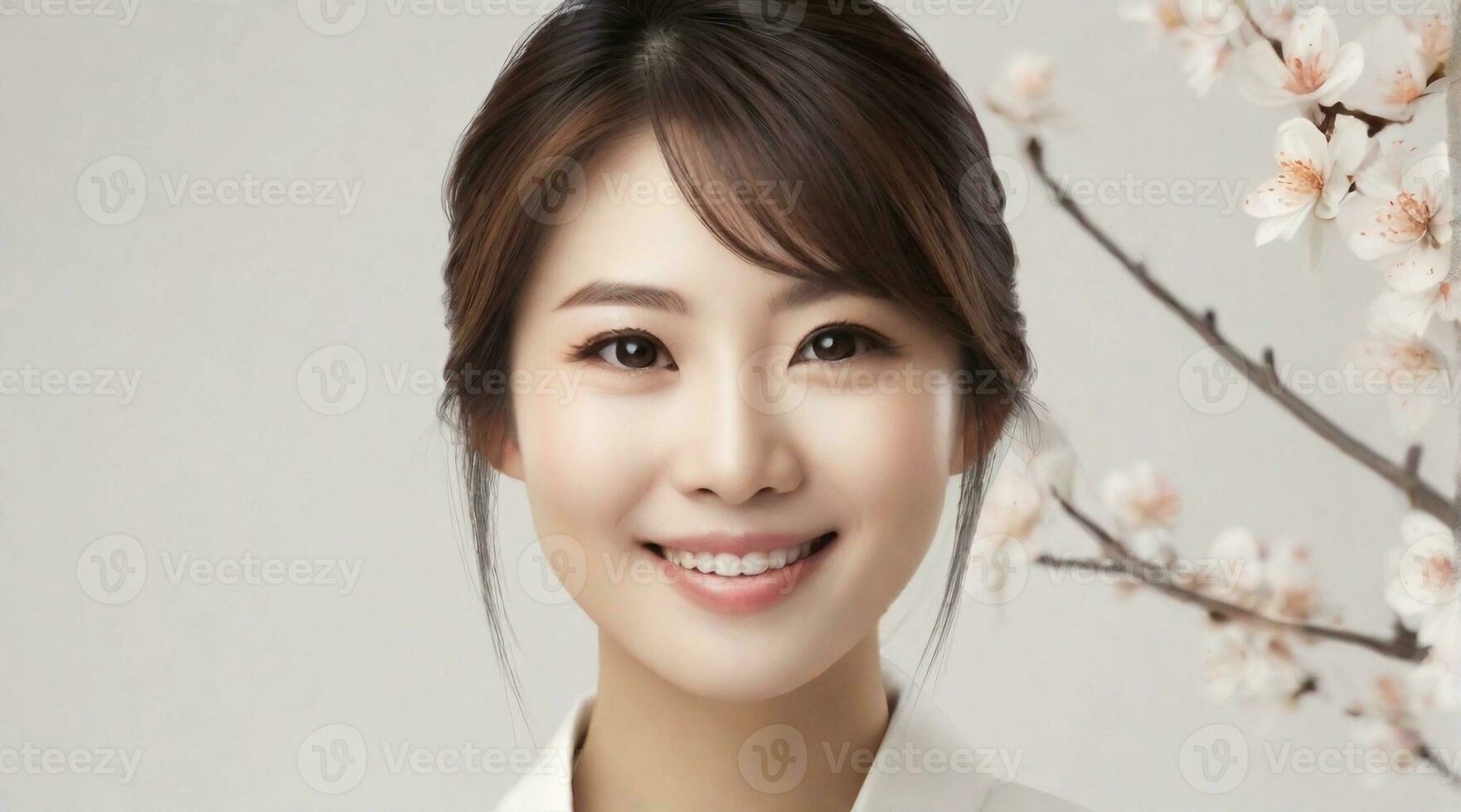 beautiful smiling japanese female portrait with space for text on the side, background image, AI generated photo