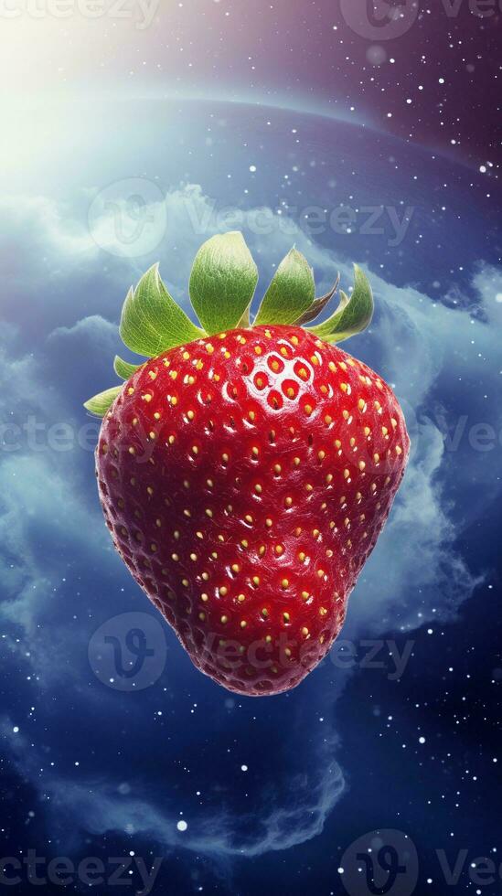 Textured background surrounded by fresh strawberry, background image, vertical format, generative AI photo
