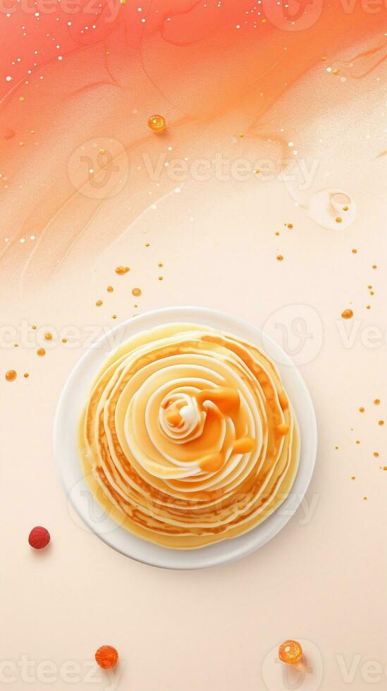 Pastel background surrounded by delicious pancake from top view, background image, vertical format, generative AI photo