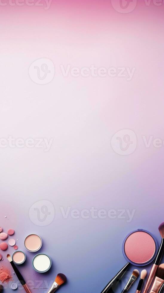 Pastel background surrounded by make-up equipment, background image, vertical format, generative AI photo