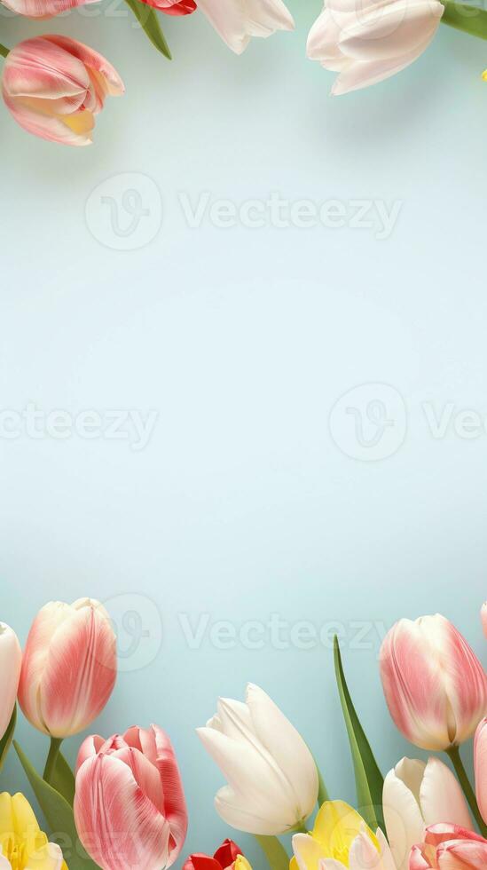 pastel antecedentes rodeado por hermosa decorativo tulipán flores, antecedentes imagen, vertical formato, generativo ai foto