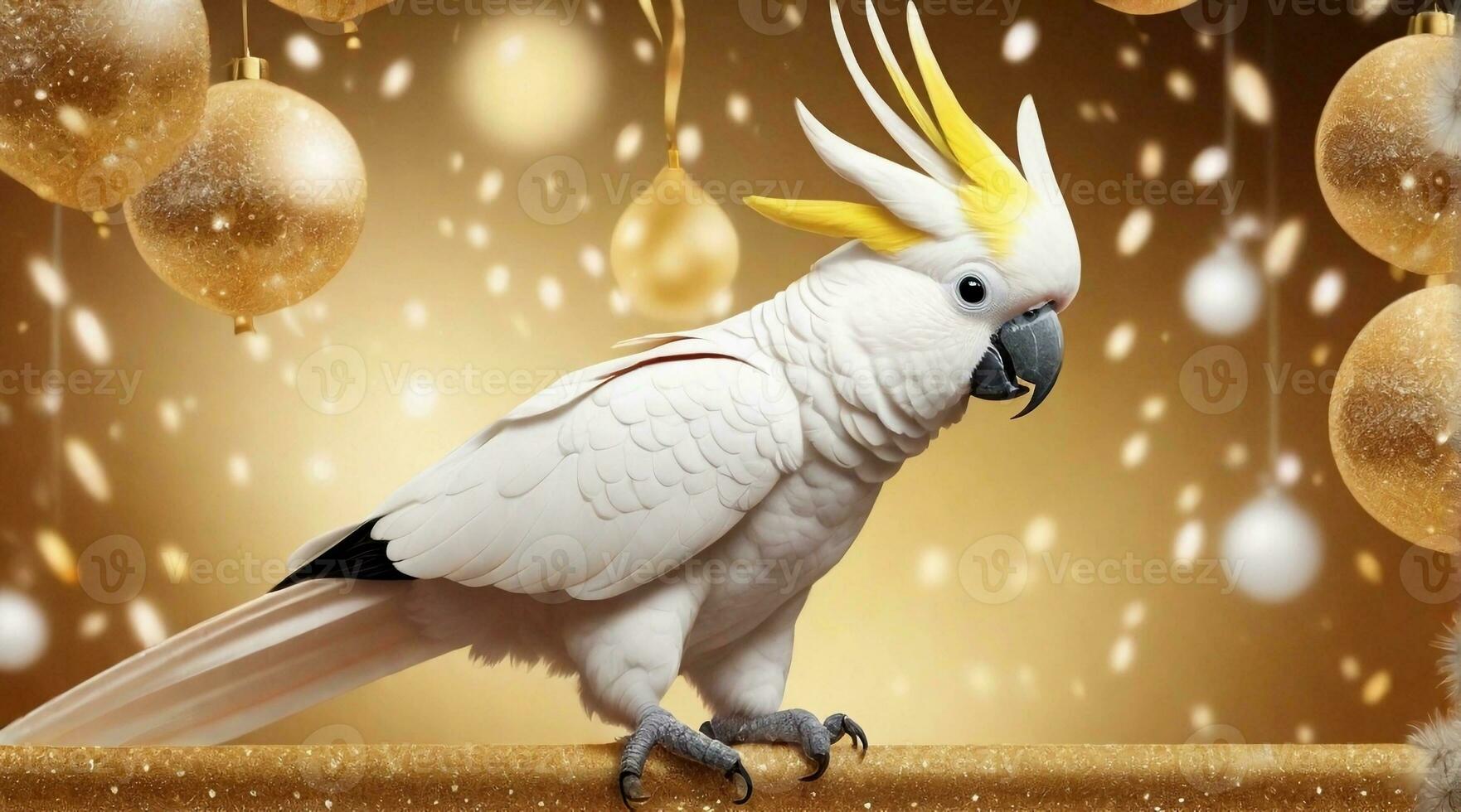 A cute cockatoo playing against New Year's eve ambience background with space for text, background image, AI generated photo