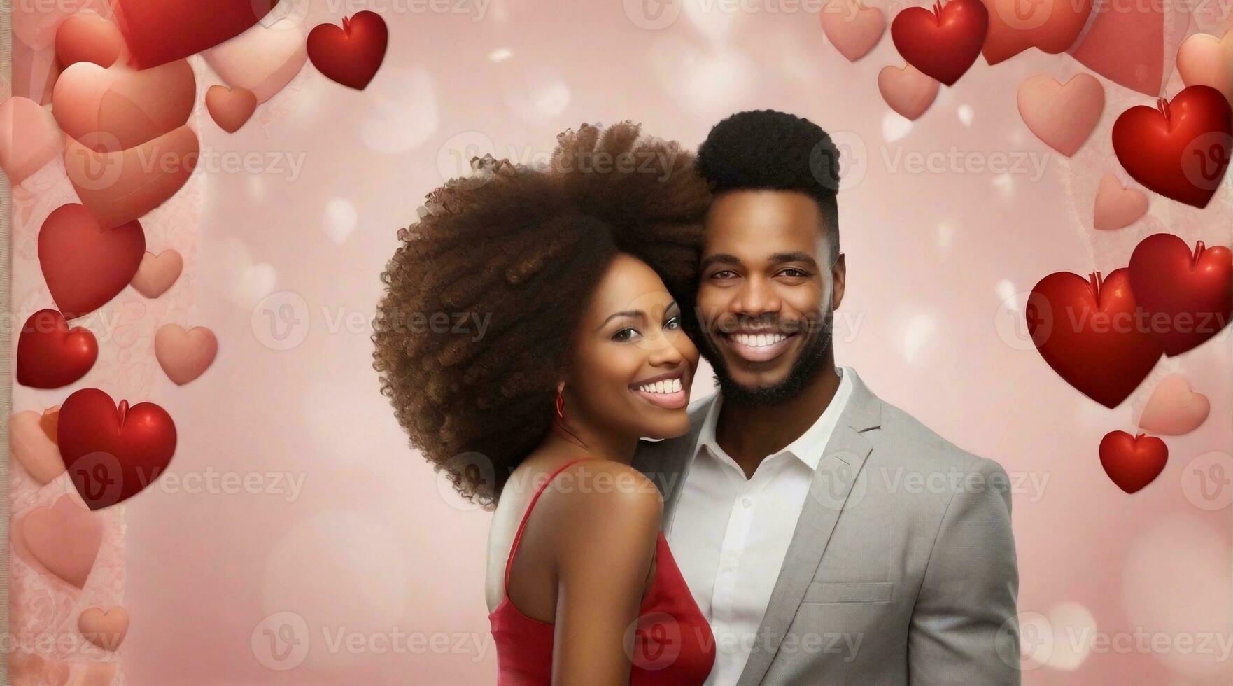 Portrait of a happy afro-american couple against valentine's day ambience background, background image, AI generated photo