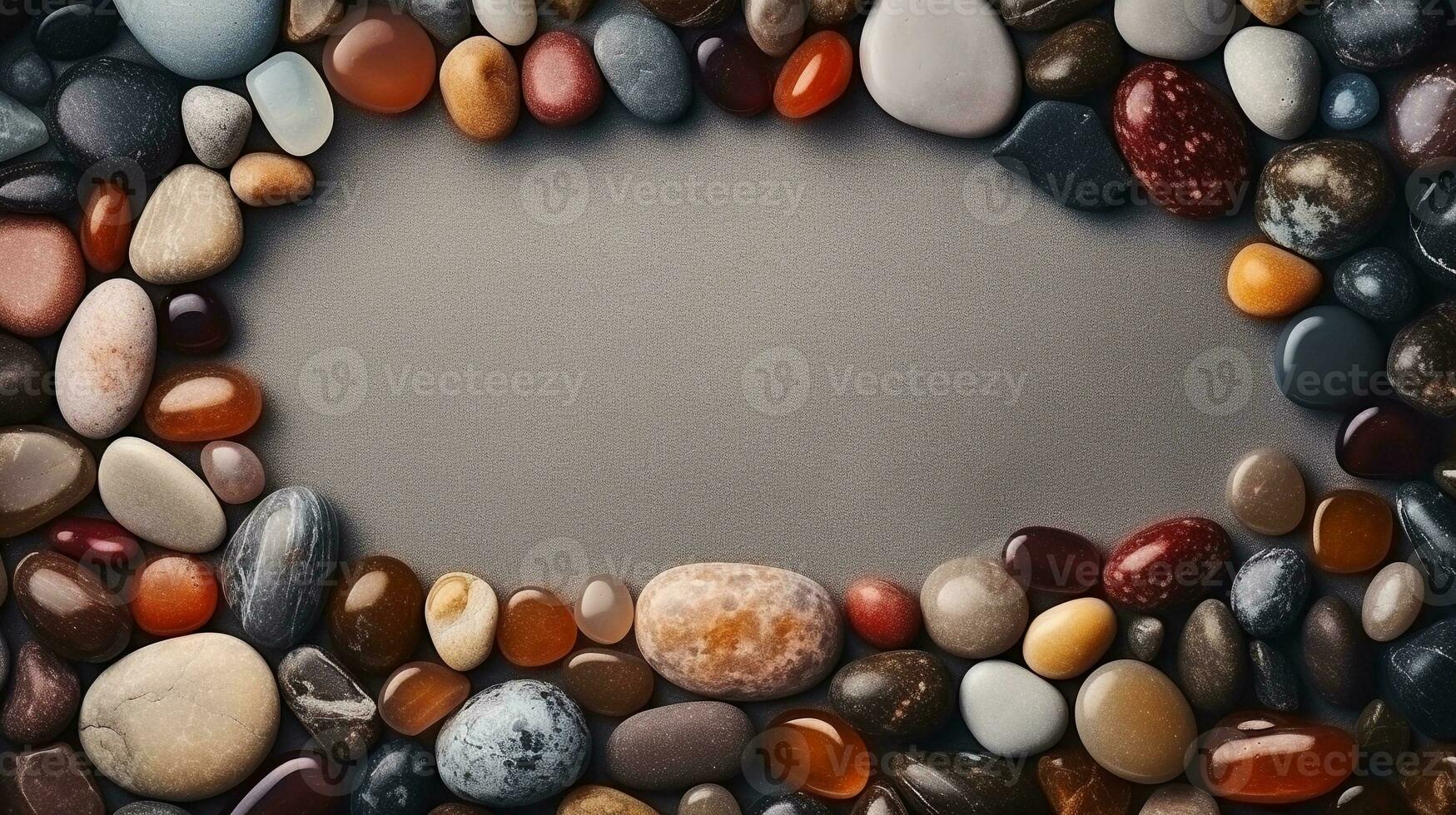 space for text on carpet background surrounded by various colorful decorative stones from top view, background image, AI generated photo