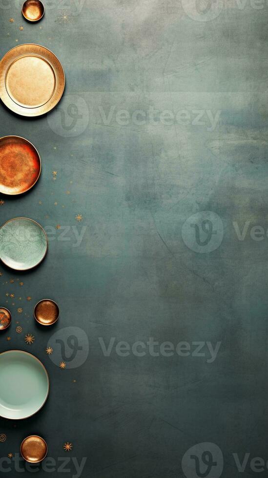 Textured background surrounded by decorative plates, background image, vertical format, generative AI photo