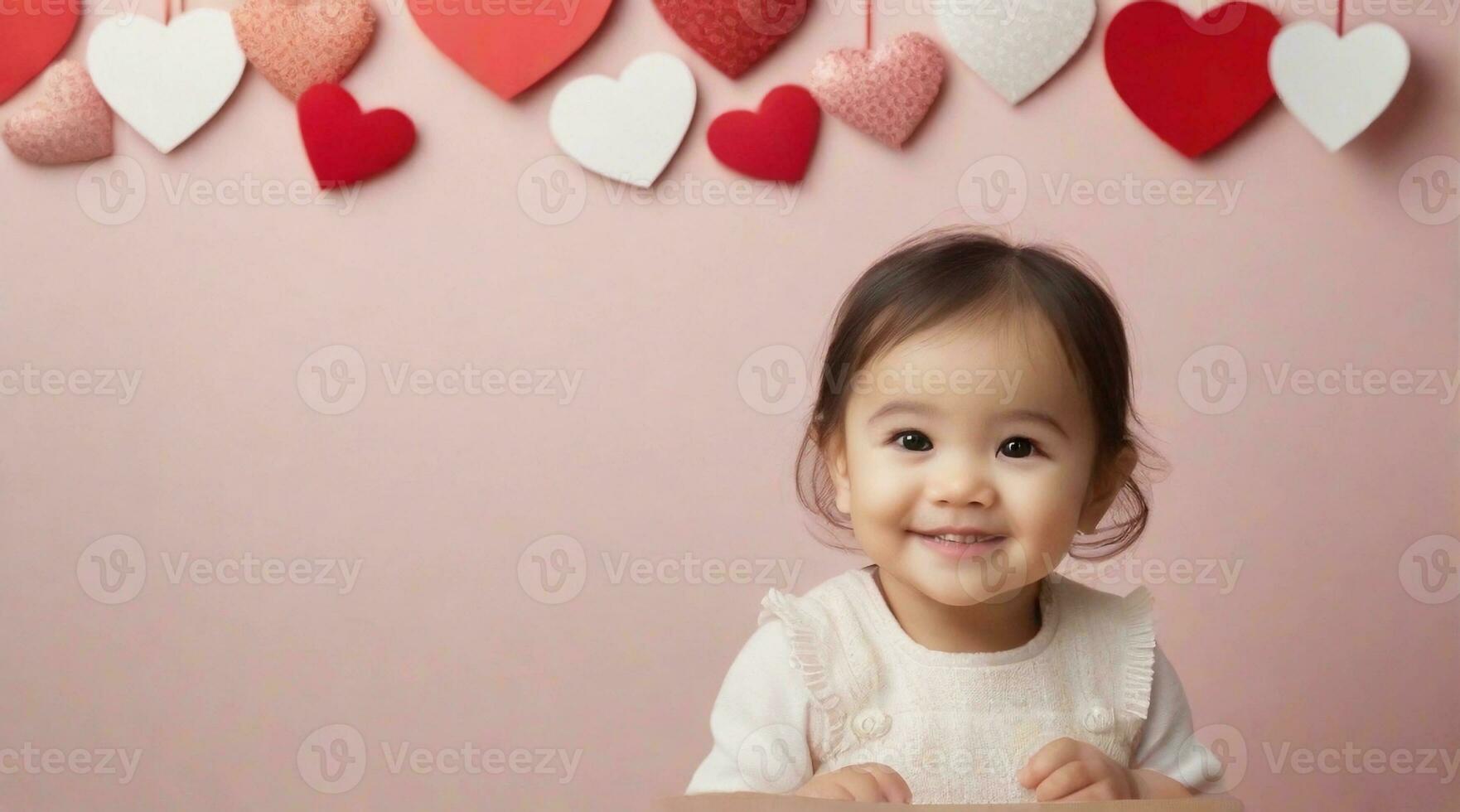 Cute smiling little toddler girl against valentine's day ambience background with space for text, children background image, AI generated photo