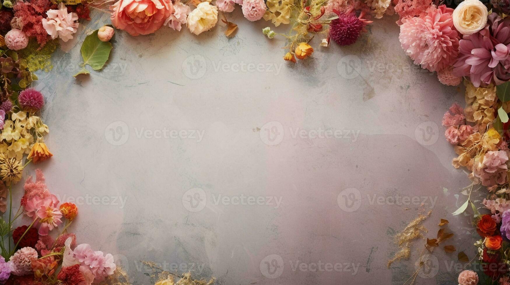 space for text on carpet textured background surrounded by various colorful flowers and florals from top view, background image, AI generated photo