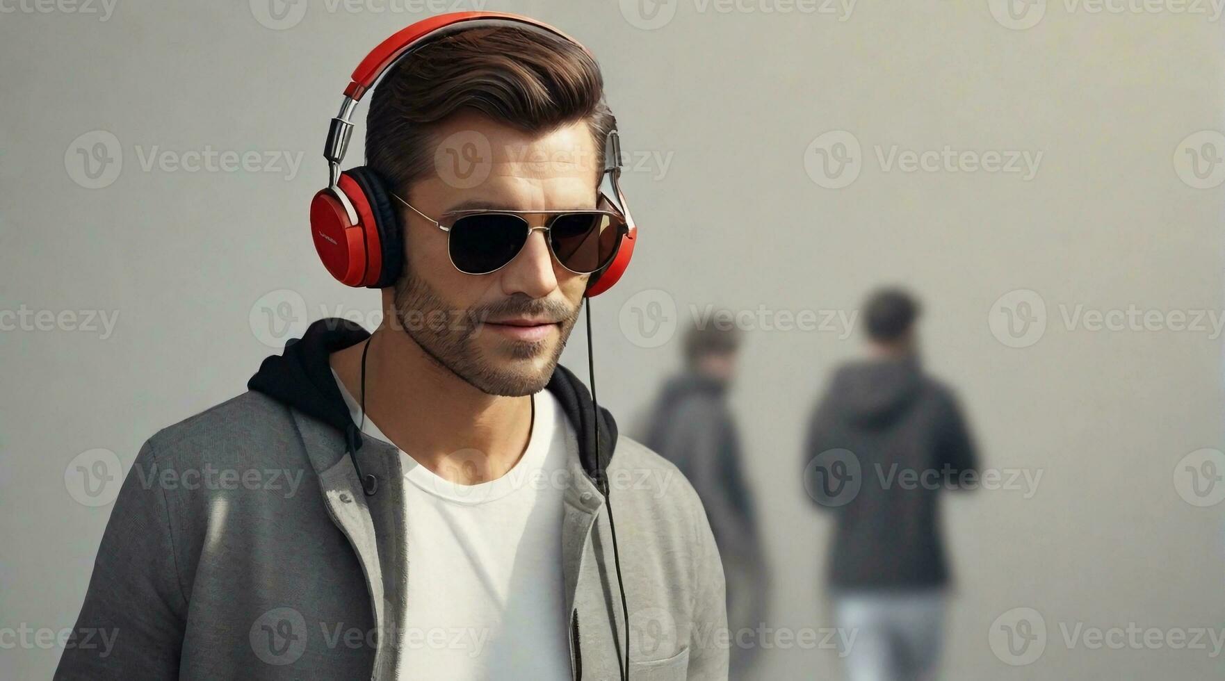 Man wearing sunglasses and headphone with space for text, background image, AI generated photo