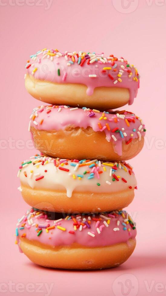 delicious donuts on a light brown background with space for text on the side, vertical format, background image, AI generated photo