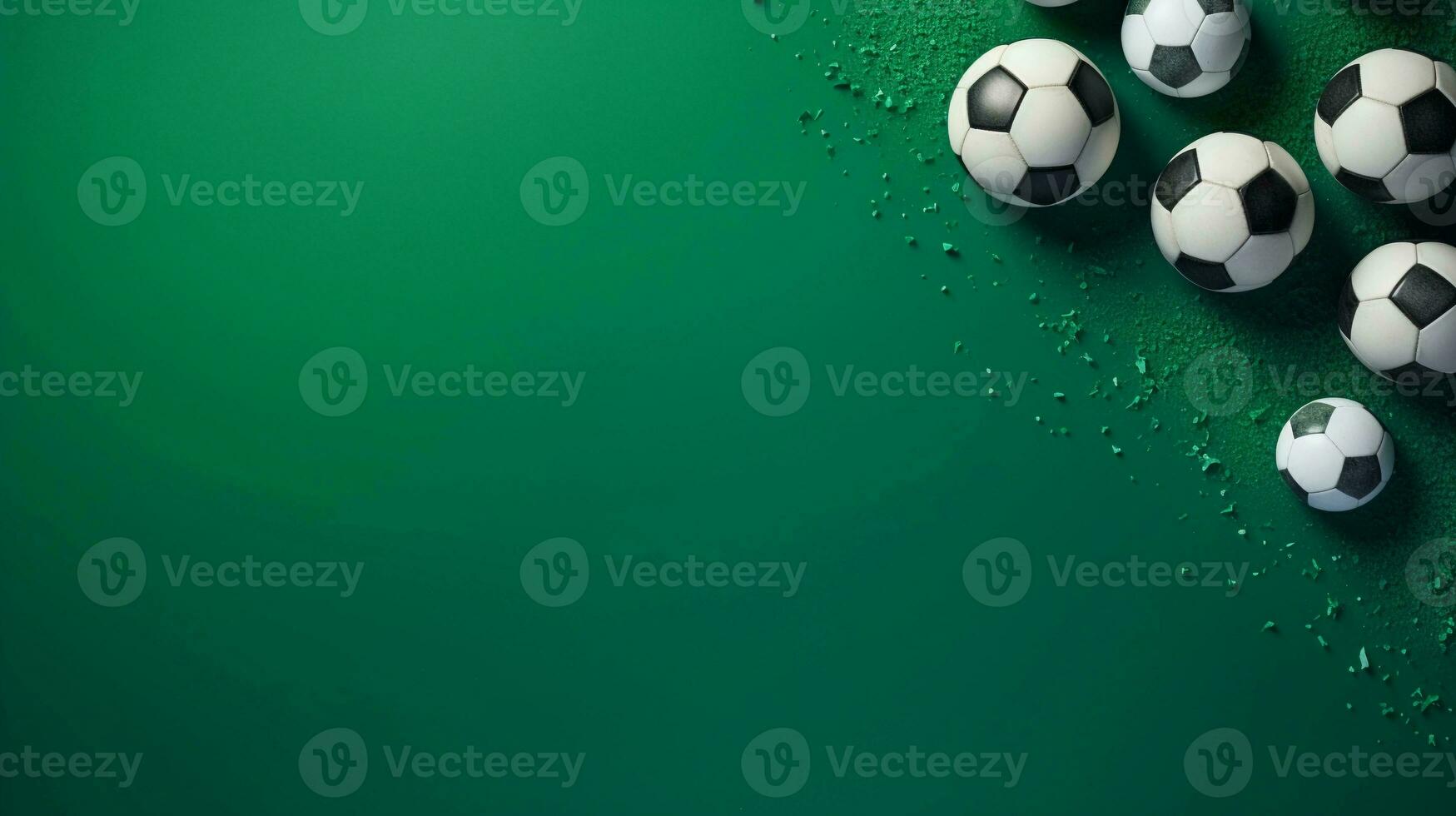 space for text on green textured background surrounded by soccer balls from top view, background image, AI generated photo