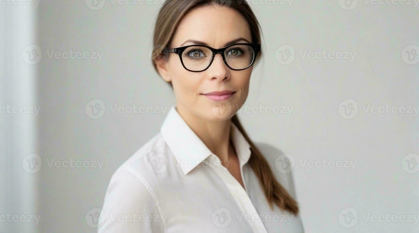 hermosa hembra profesor vistiendo lentes en contra blanco antecedentes con espacio para texto, antecedentes imagen, ai generado foto