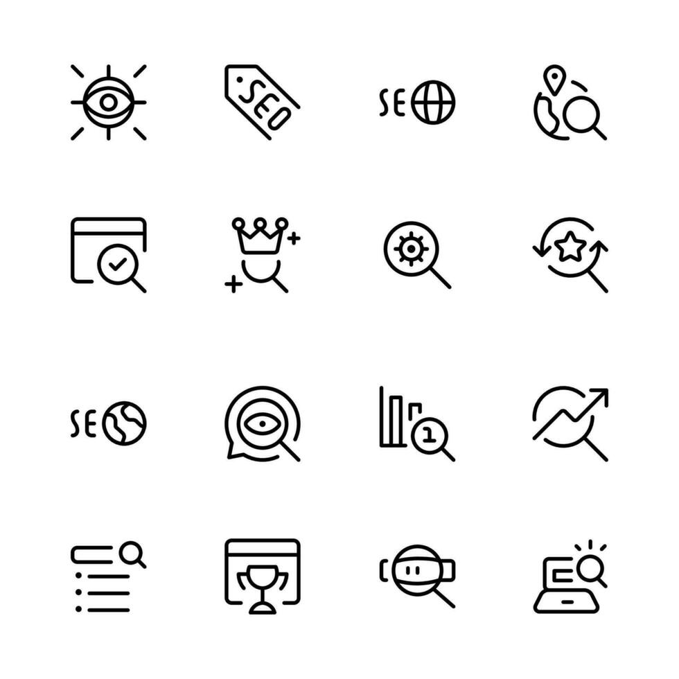 Seo icons. Search Engine Optimization icon collection. Containing business and marketing, traffic, ranking, optimization, link and keyword. Solid icons vector for website design, app, template, ui.