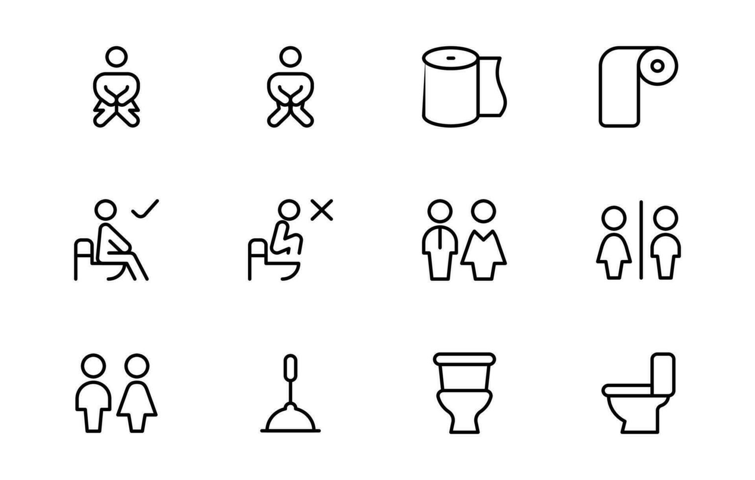 Toilet related vector icons set, male or female restroom wc tissue flash.