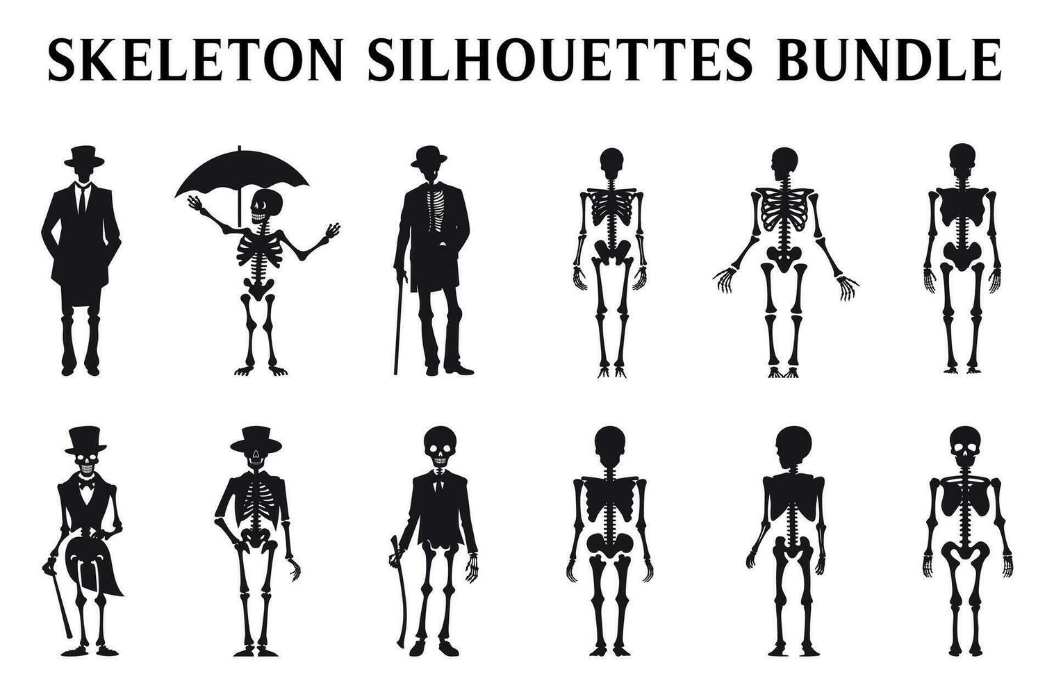 Set of Skeletons Vector for Halloween, Skeleton Silhouettes isolated on a White