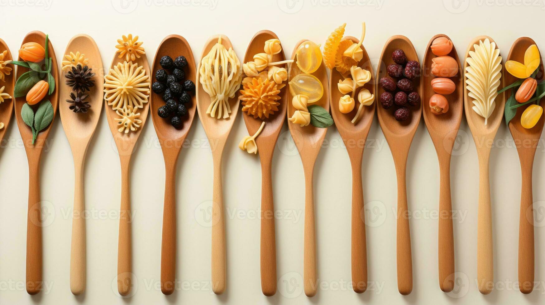 Forks and spoons with various tasty pasta on white background, flat lay. Space for text photo