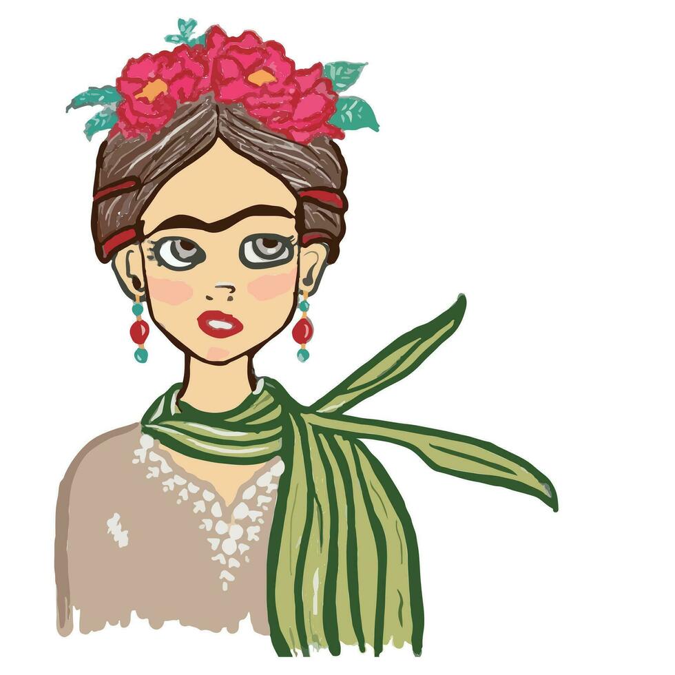 Hand Draw Frida Kahlo Portrait on White Vector Illustration