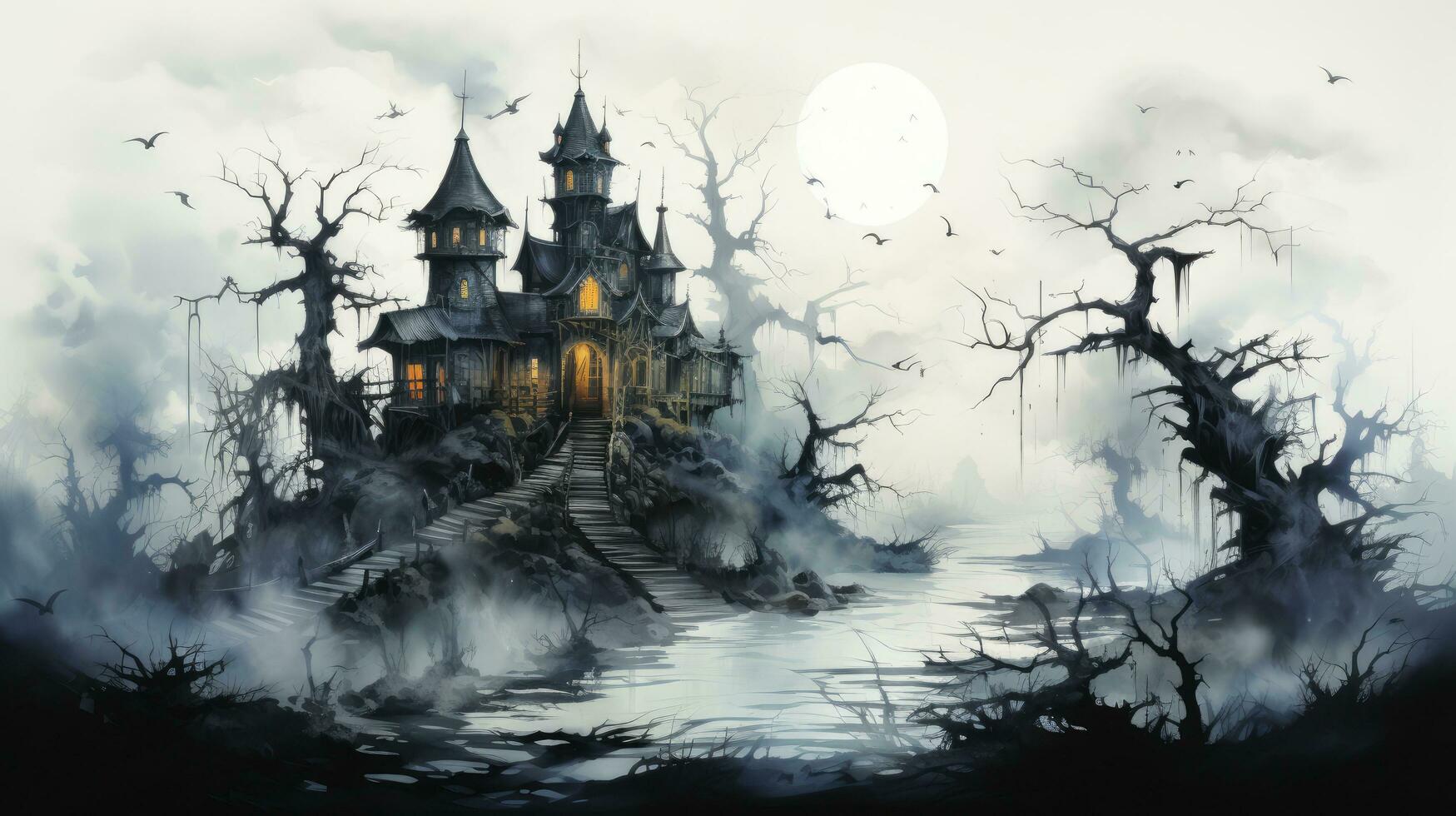 Creepy scary big house mansion castle on a white background, illustration for the holiday Halloween photo