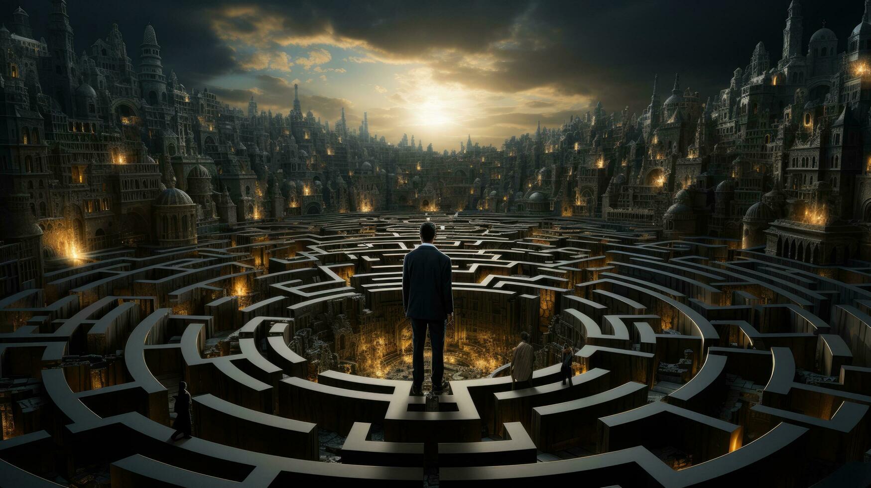 Man in a labyrinth, concept of difficulty making a decision and finding your way photo