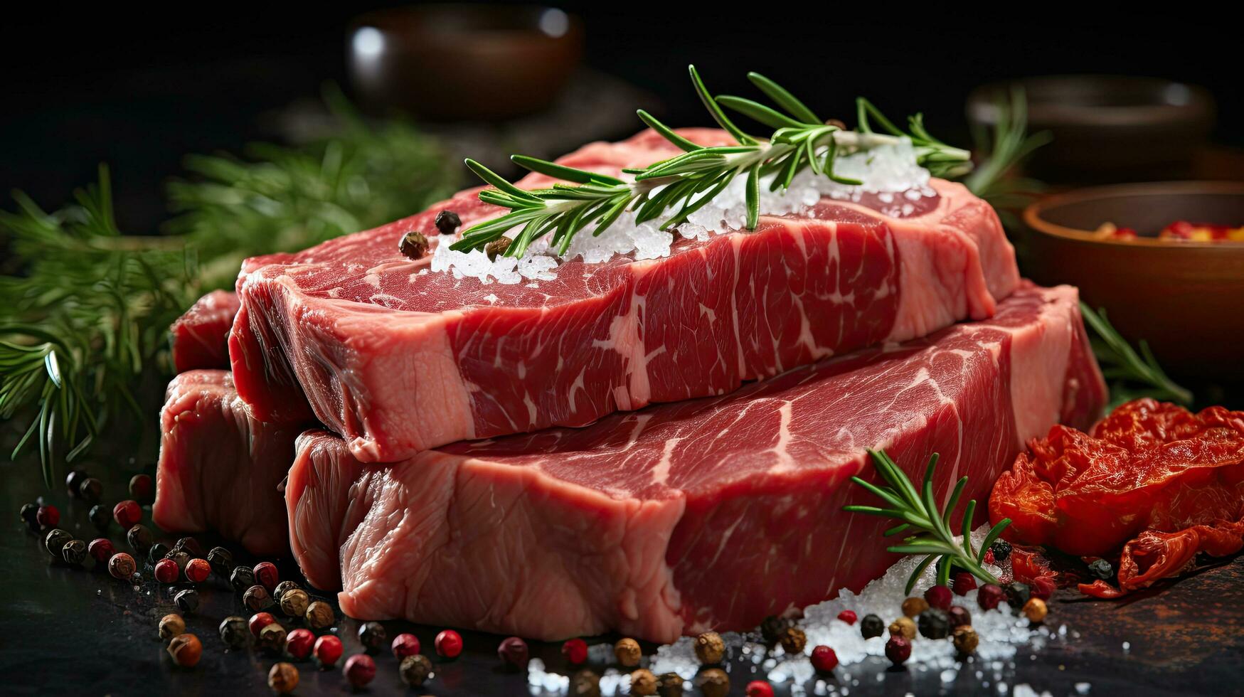 Juicy fresh red raw meat steaks lies on a cutting board in seasonings and pepper ready for cooking photo