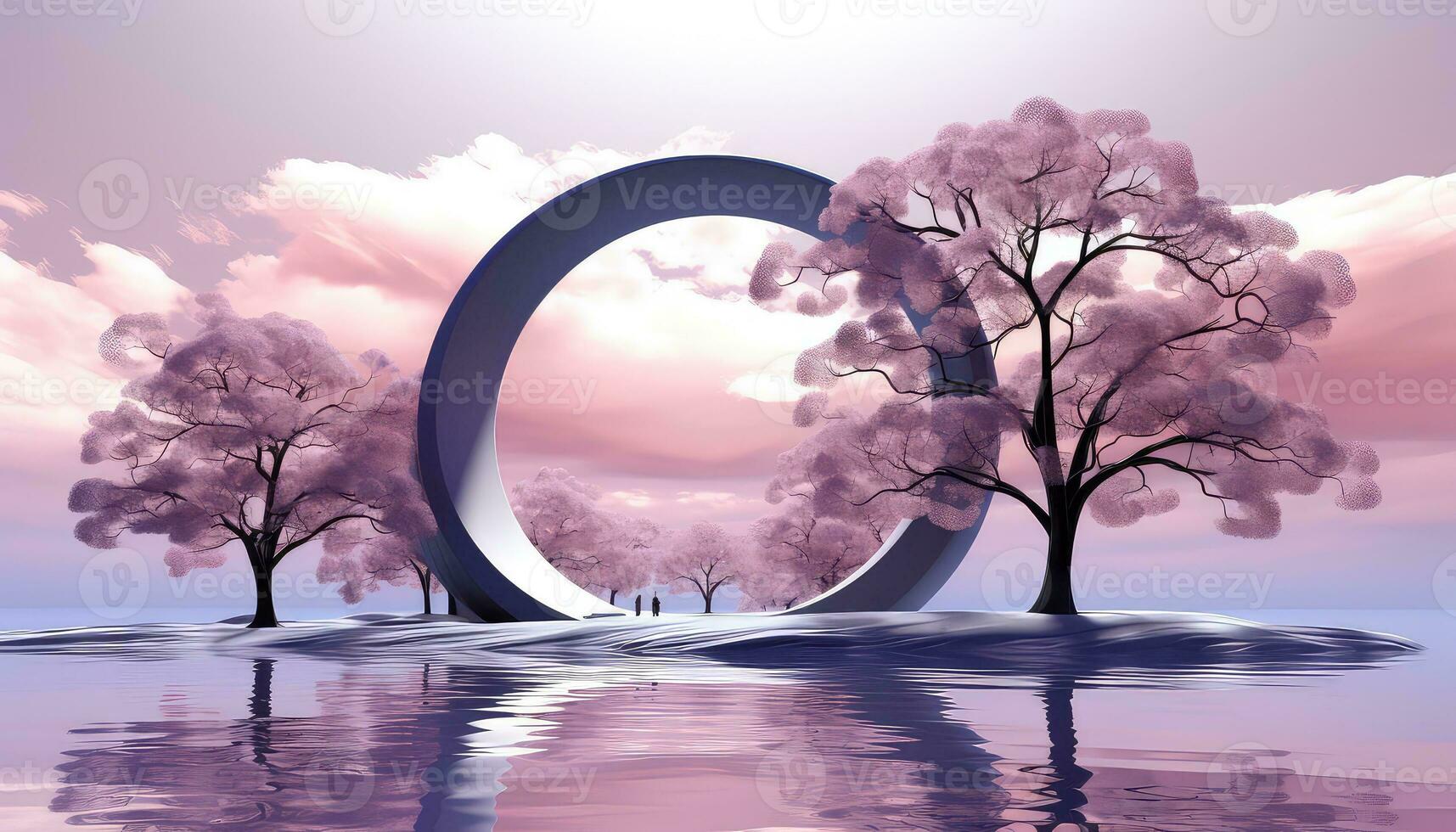 Minimalist 3D Arch with Clouds and Tree Silhouettes AI generated photo