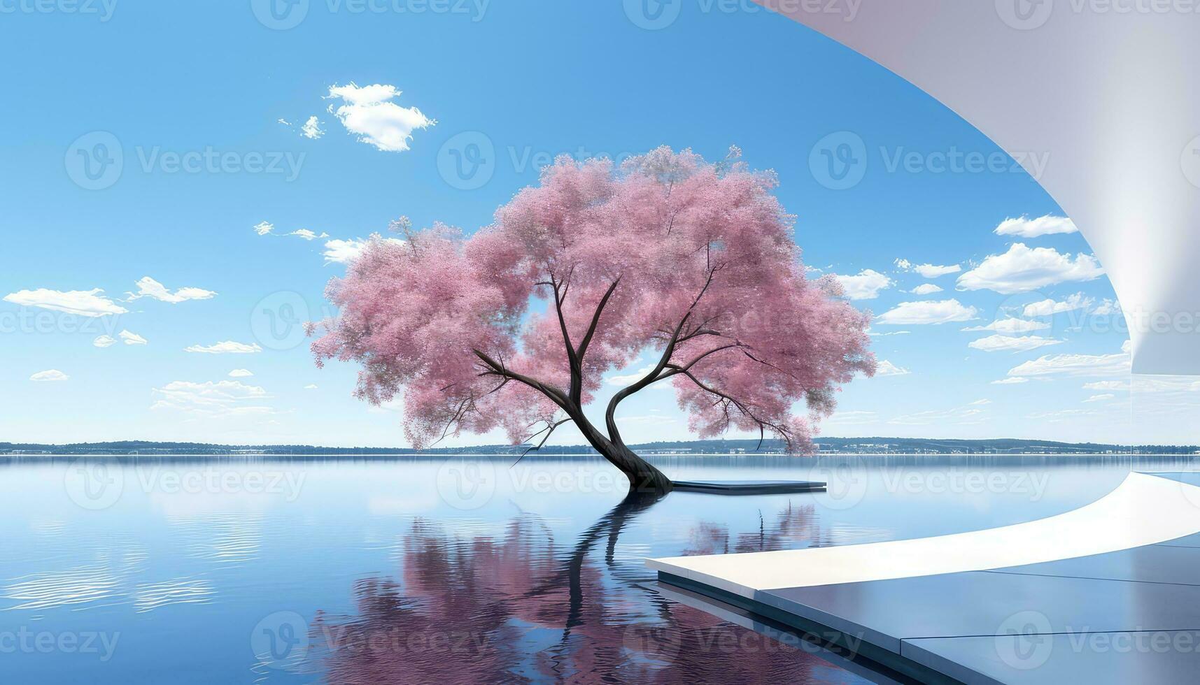Luminous Minimalism 3D Arch, Trees, and Clouds AI generated photo