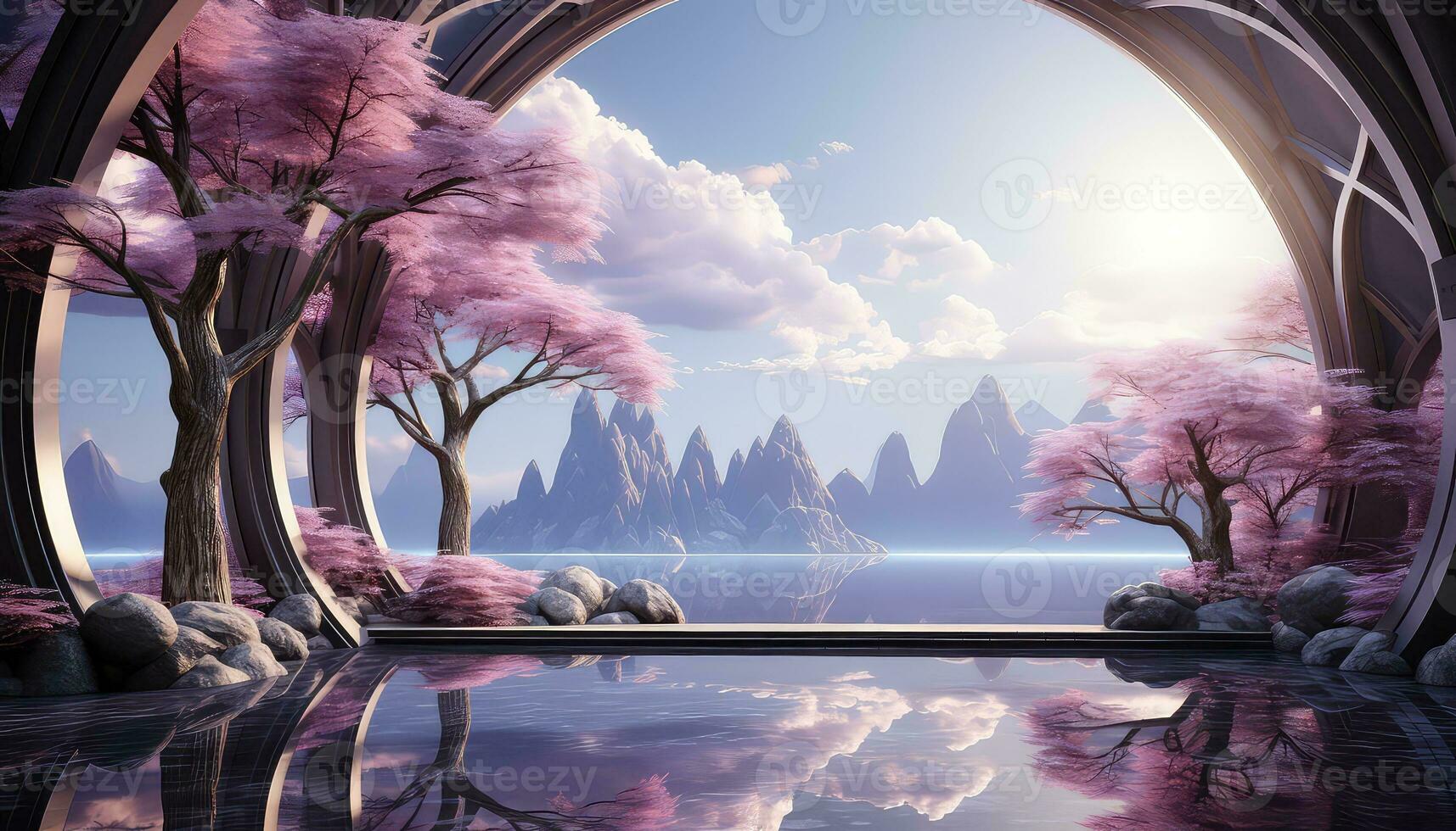 Luminous Minimalism 3D Arch, Trees, and Clouds AI generated photo