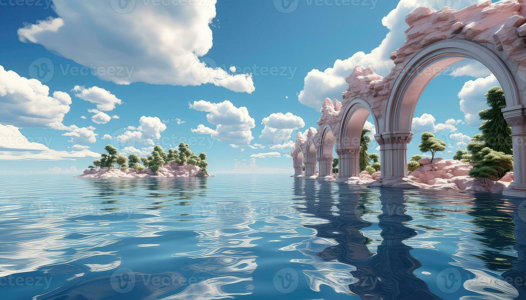Cloudy Minimalist Stage with 3D Arch and Trees AI generated photo