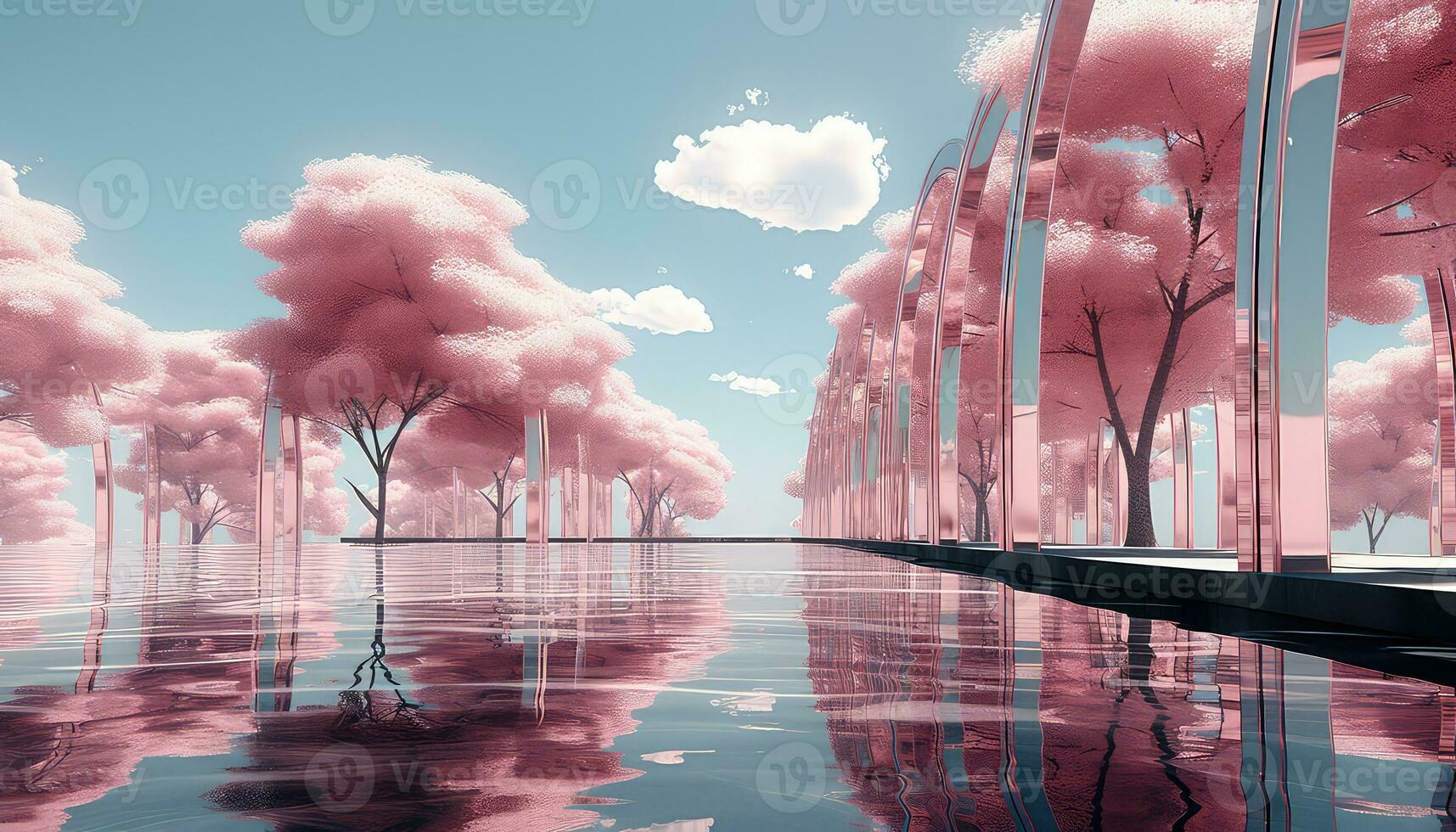 Simplified 3D Arch with Trees and Cloudy Backdrop AI generated photo