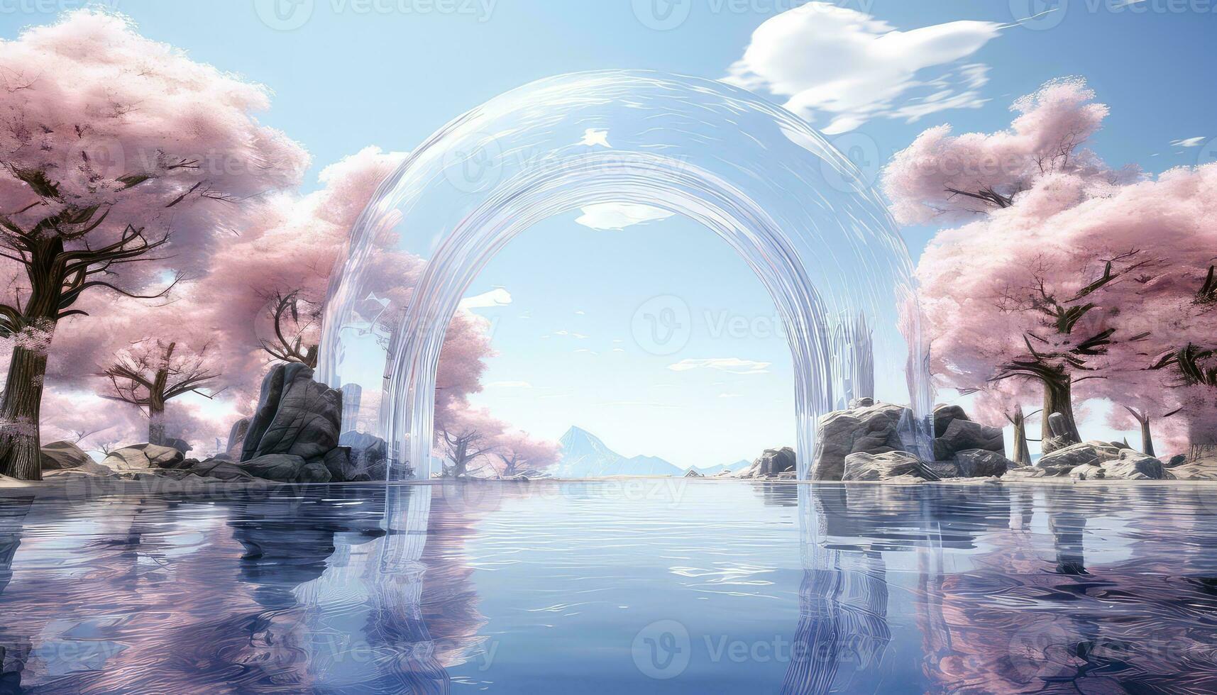 Simplified 3D Arch with Trees and Cloudy Backdrop AI generated 33246429