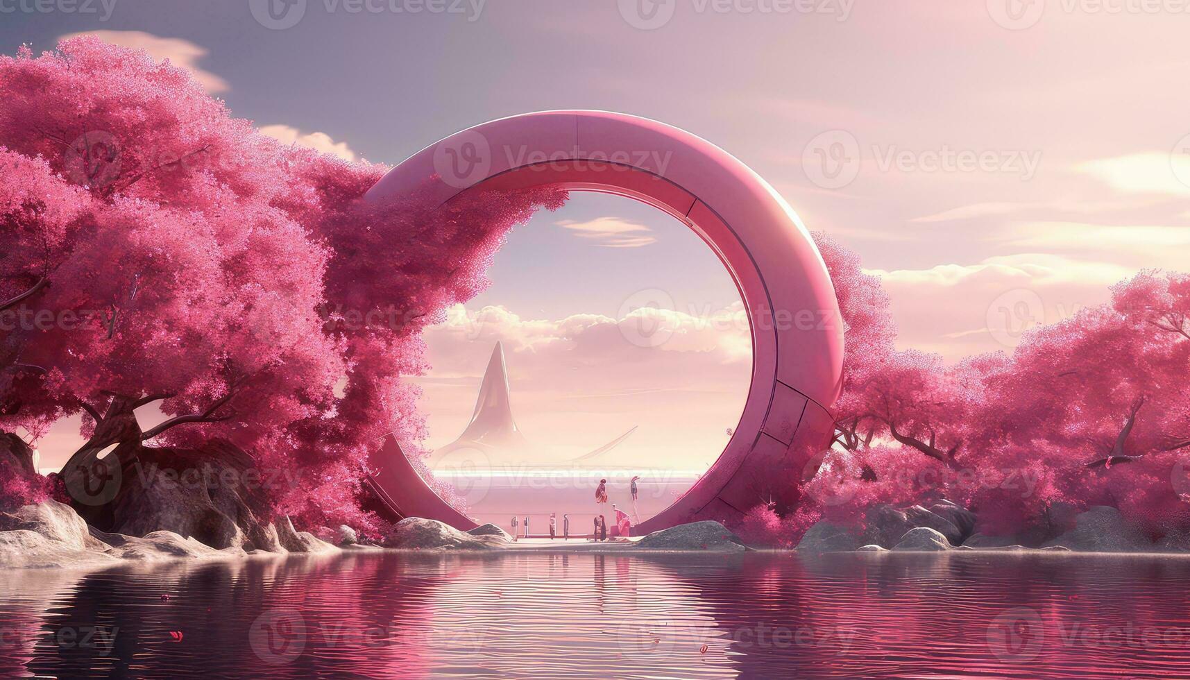 Simplified 3D Arch with Trees and Cloudy Backdrop AI generated photo