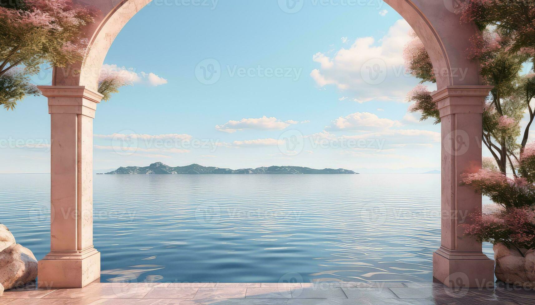 Simplified 3D Arch with Trees and Cloudy Backdrop AI generated photo