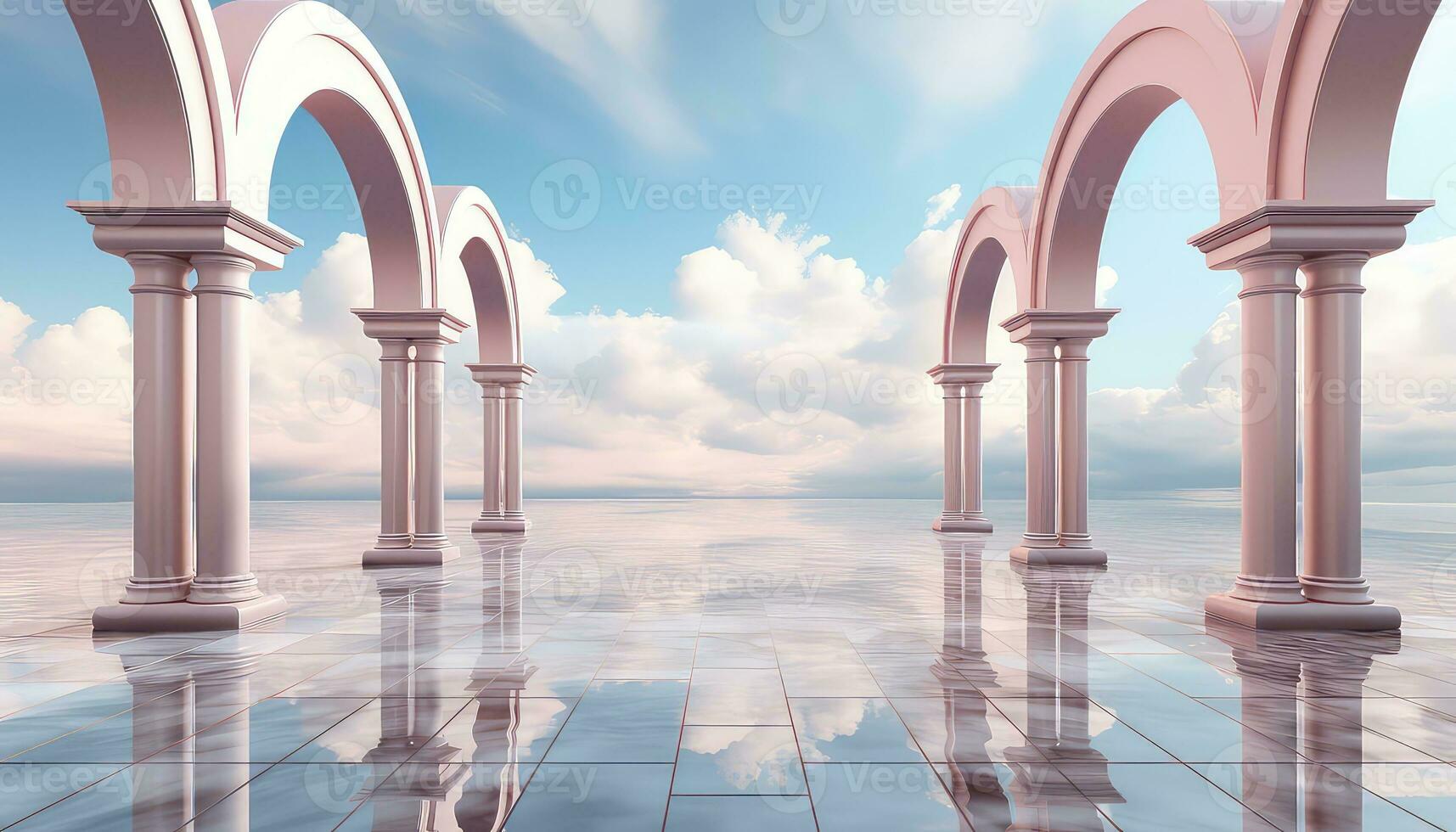 Simplified 3D Arch with Trees and Cloudy Backdrop AI generated 33246443