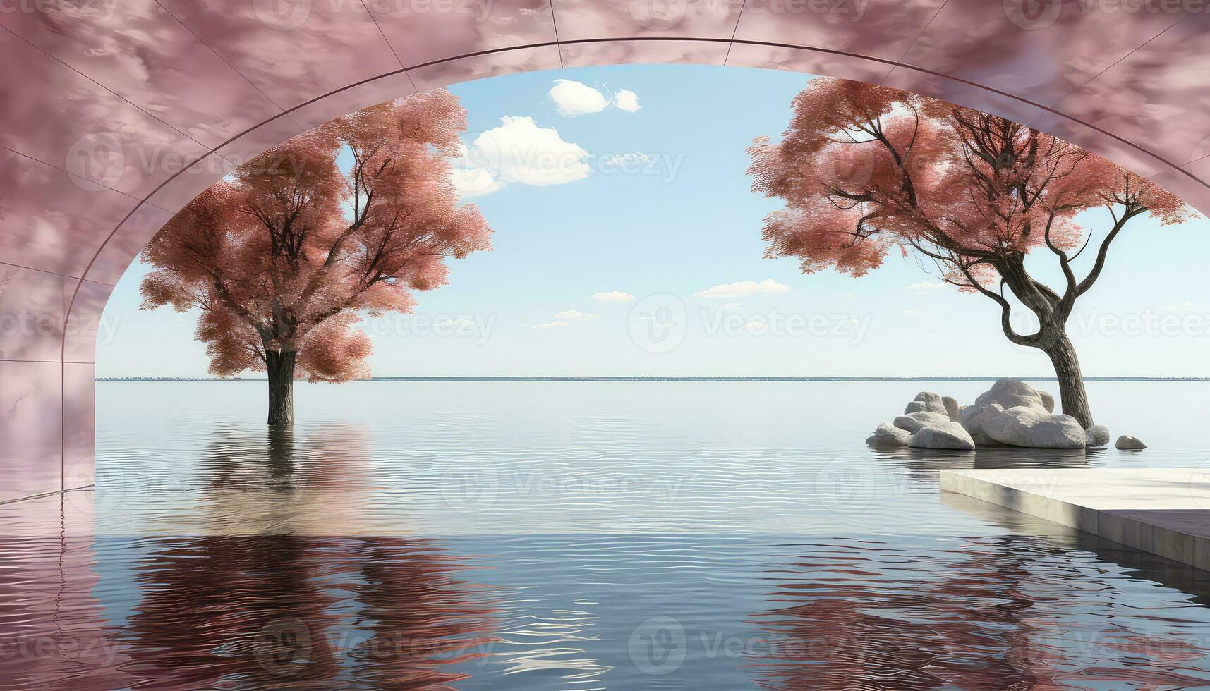 Simplified 3D Arch with Trees and Cloudy Backdrop AI generated photo