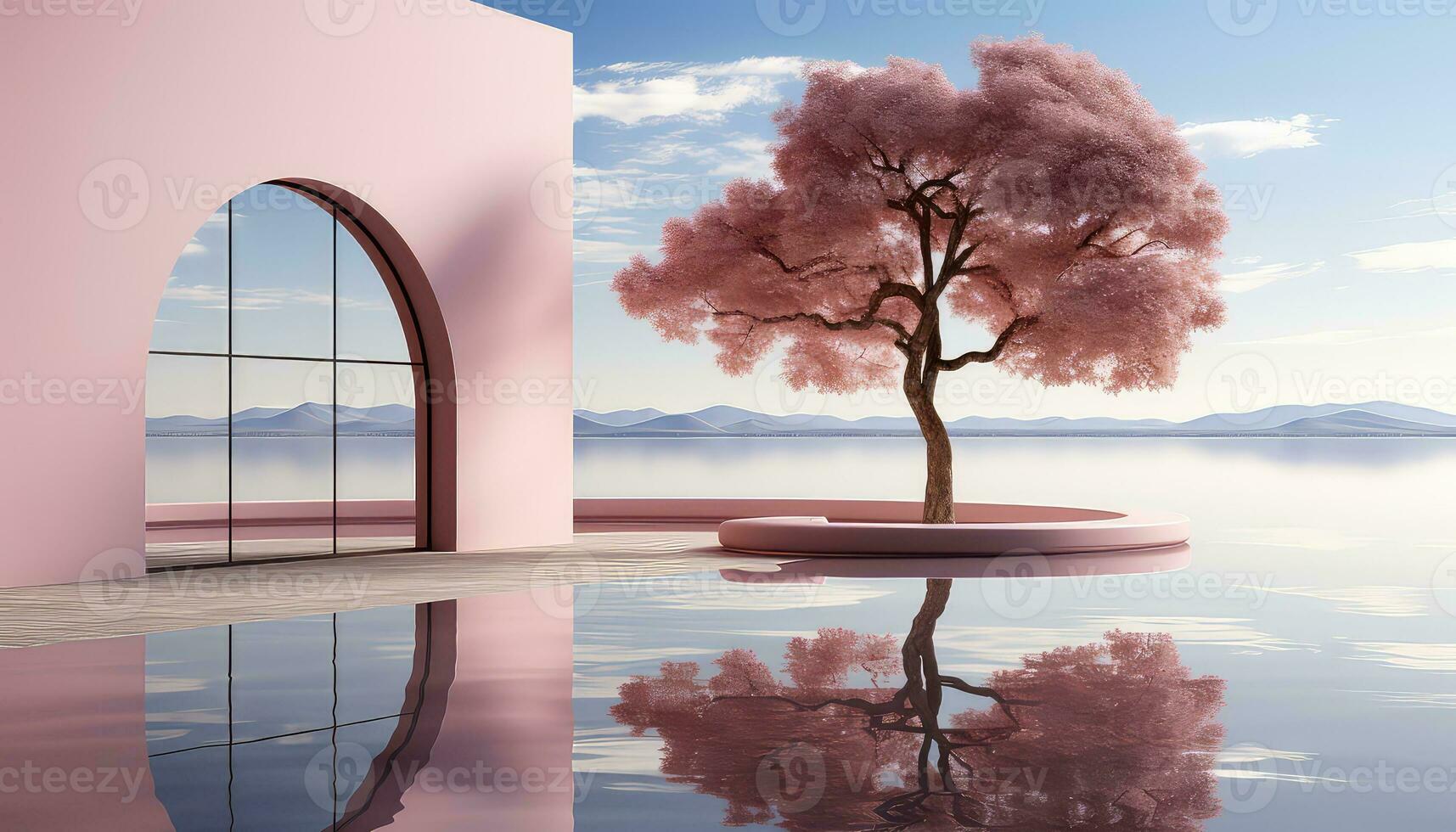 Stage Set 3D Arch, Clouds, and Minimalist Trees AI generated photo