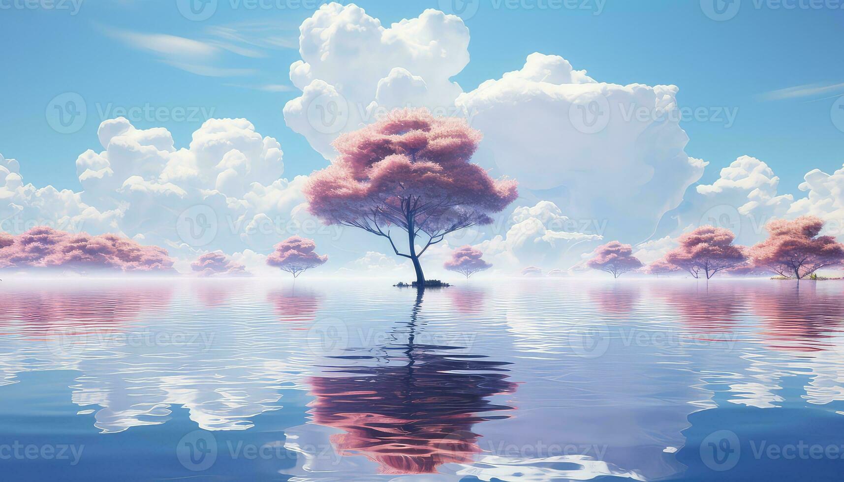 Stage Set 3D Arch, Clouds, and Minimalist Trees AI generated photo