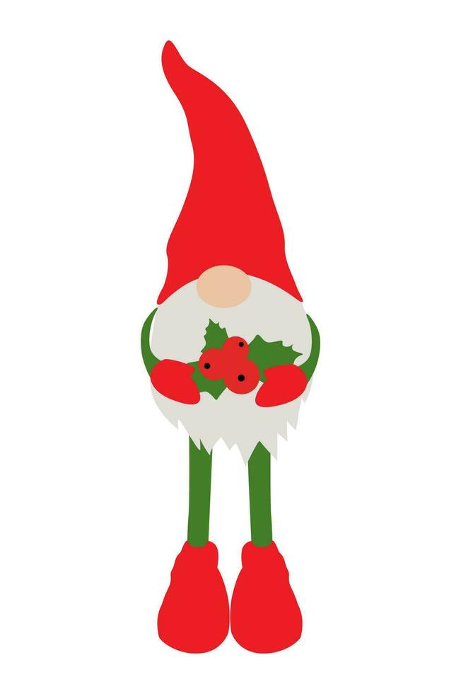 Flat Christmas gnome with berries. Vector elf