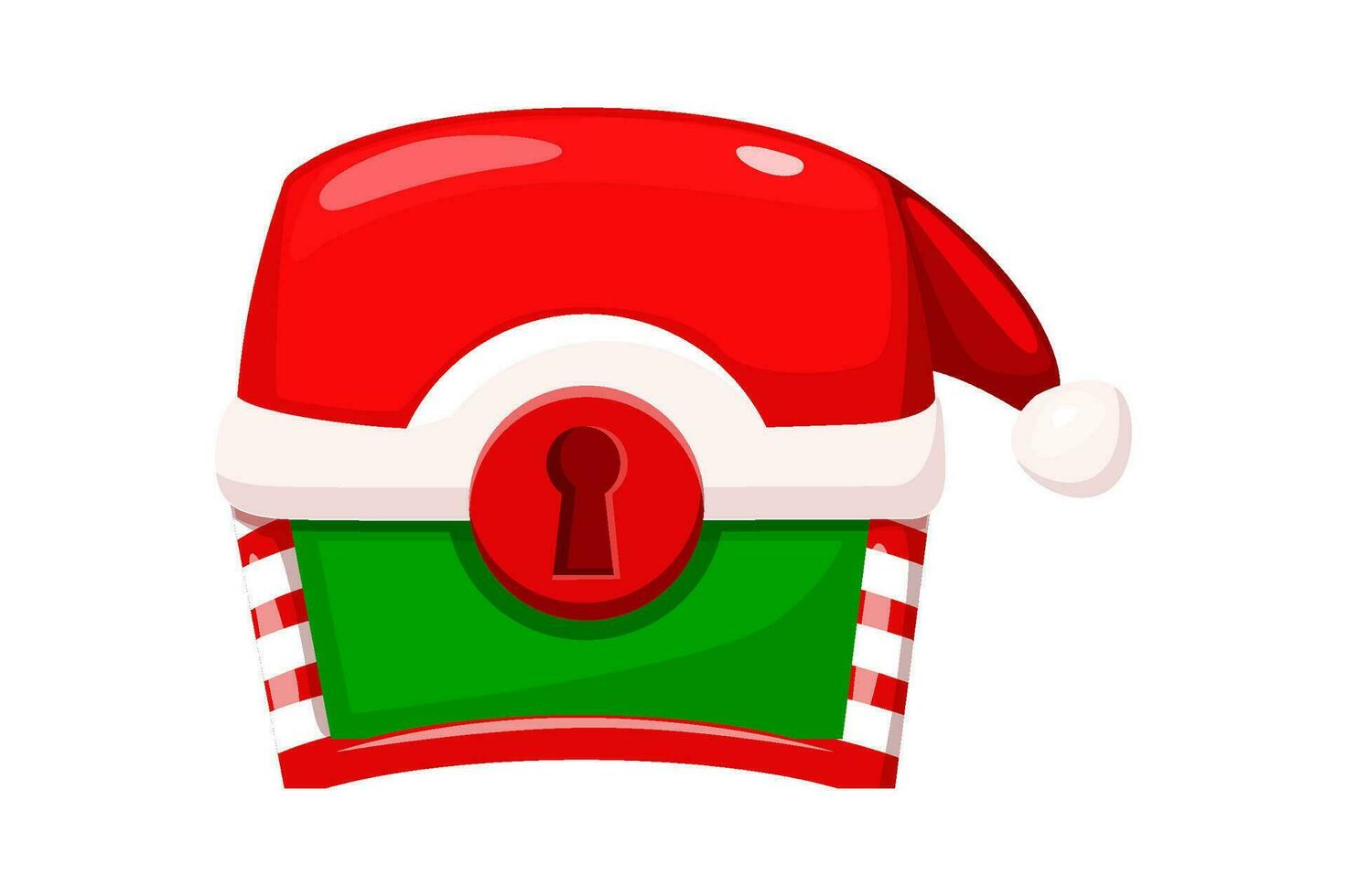 Christmas holiday chest in cartoon style. Vector Red chest in hat.