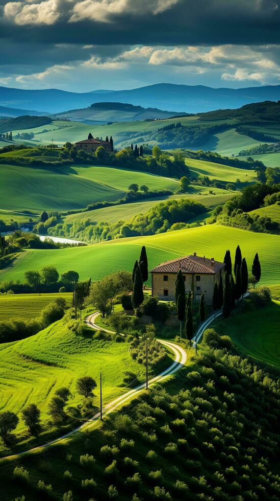 Fresco verde paisaje con cielo y colinas y montañas , ai generado foto