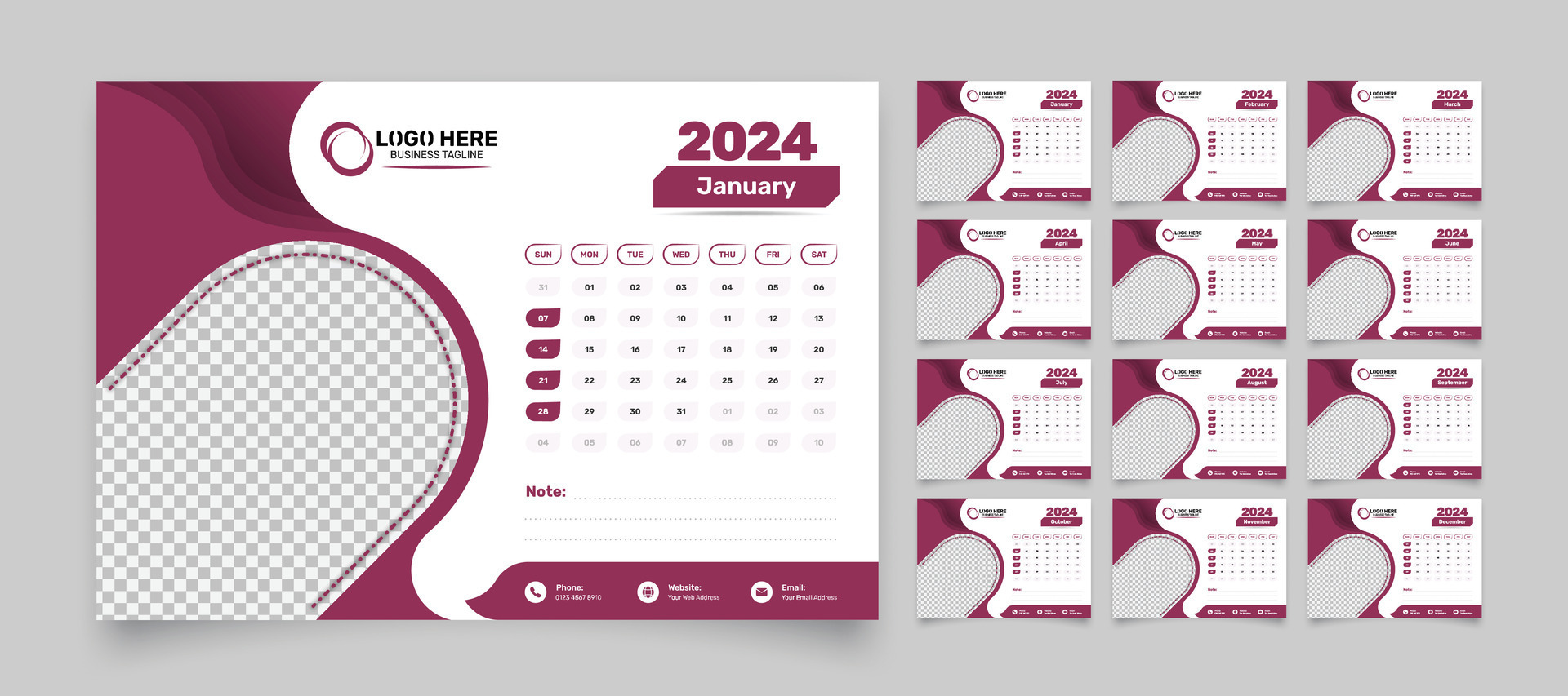 Minimalist desk calendar template for 2024 with 12 months date format ...