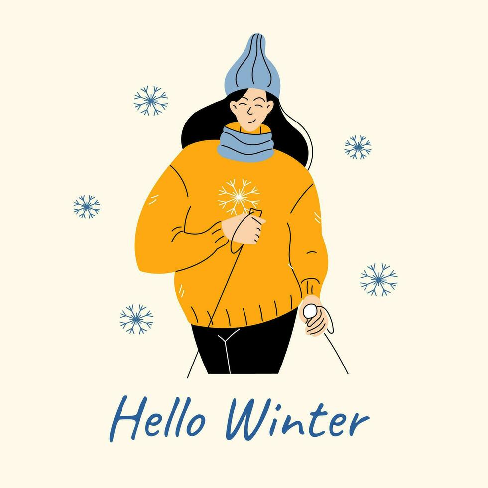 Woman with poles skiing or walking. Happy female winter character in bright sweater and knitted hat with snowflakes. Hello winter greeting card, banner or print. Hand drawn flat vector illustration.