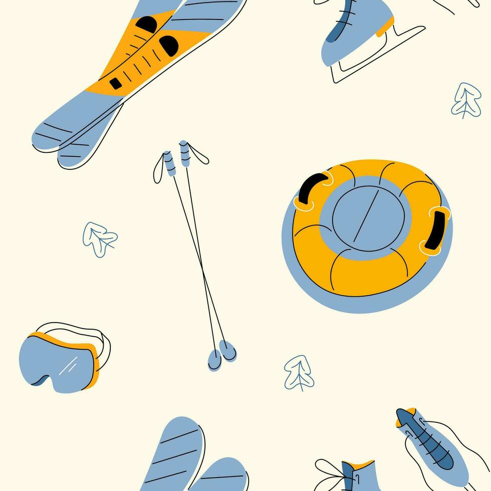 invierno deporte sin costura modelo con patines, montaña esquís, tubo, polos y protector mascarilla. azul y amarillo antecedentes en mano dibujado plano estilo. vector ilustración.