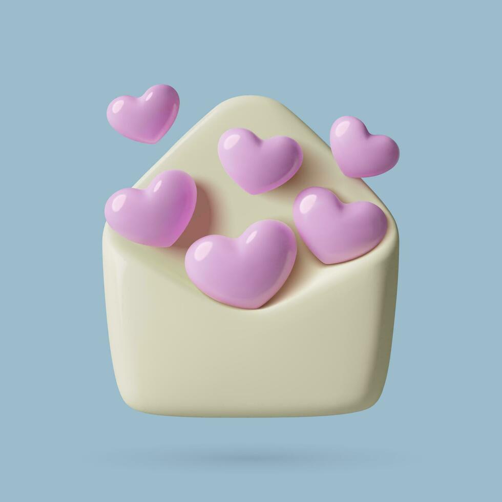 Opened envelope with pink hearts 3D icon. Romantic design with Valentines flying out the letter. Love mail concept for February 14. vector