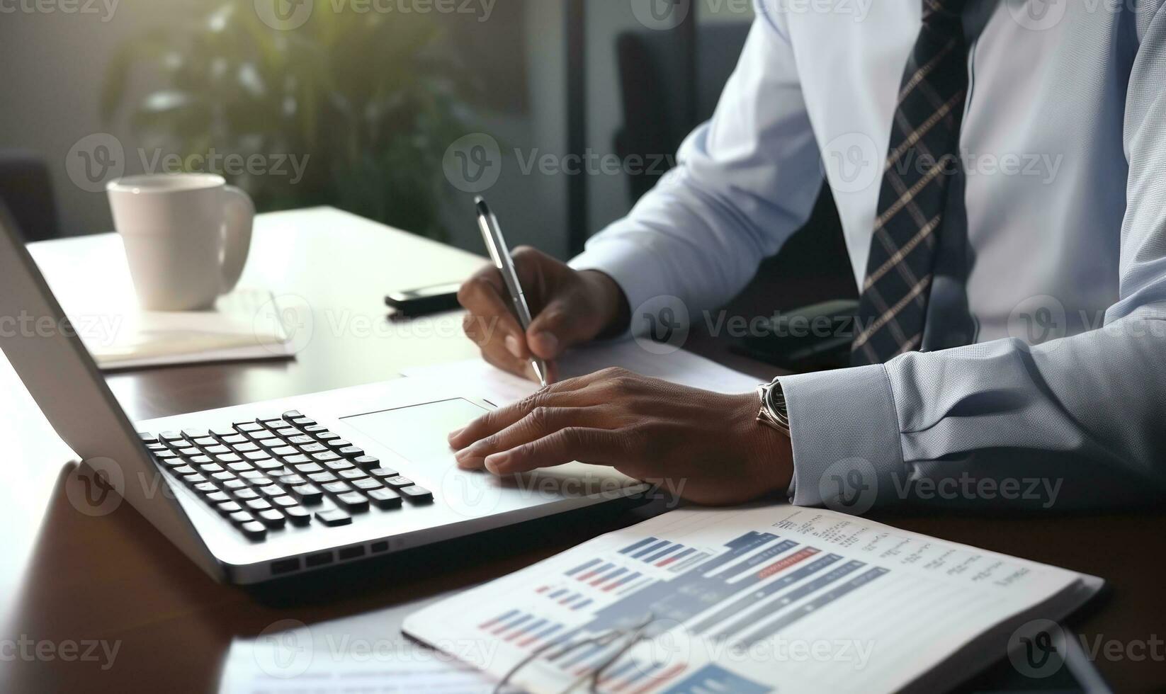 Accountant working on desk using calculator to calculate financial report in office business accounting finance concept AI Generated photo