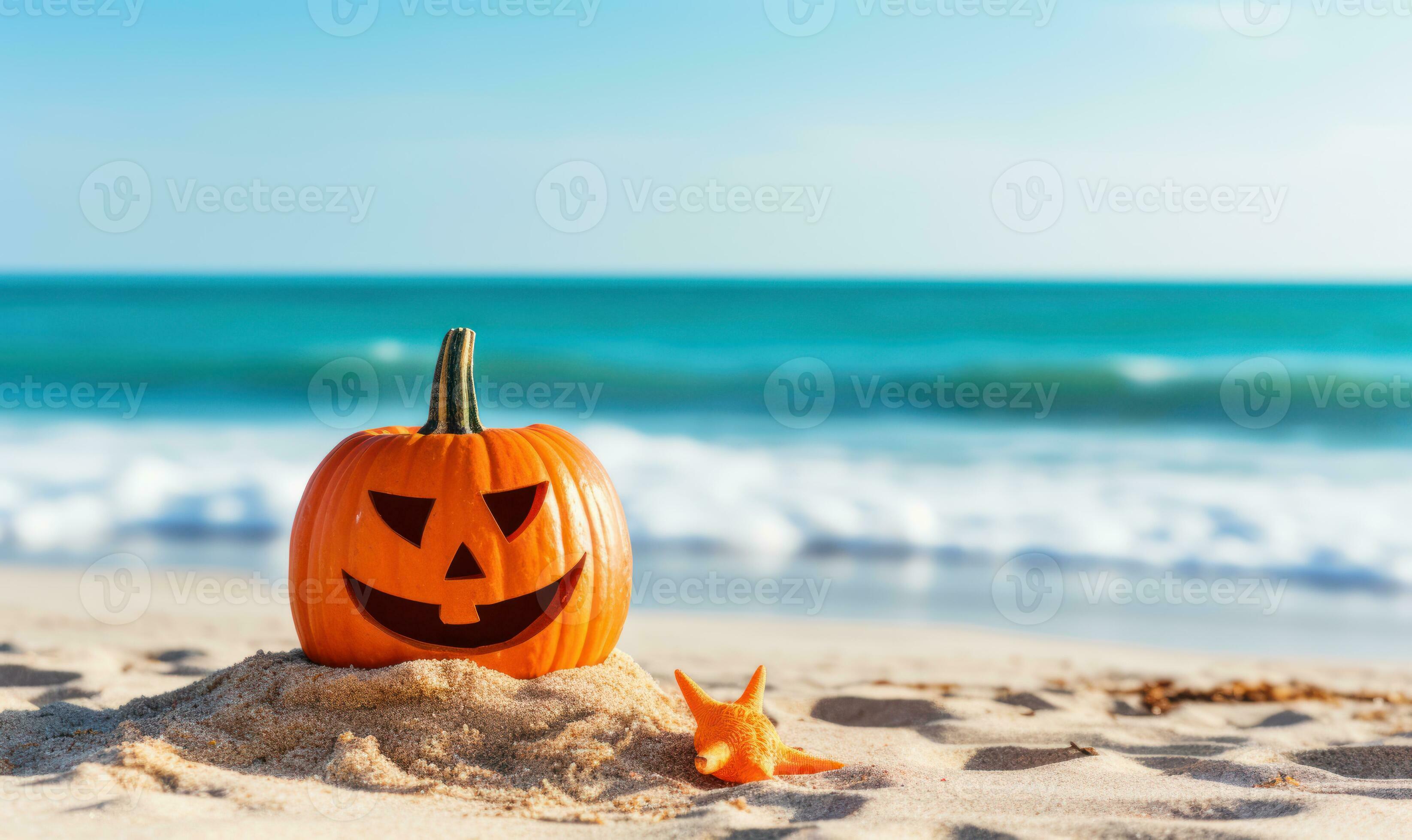Beach Halloween party with a pumpkin Jack o lantern on the background