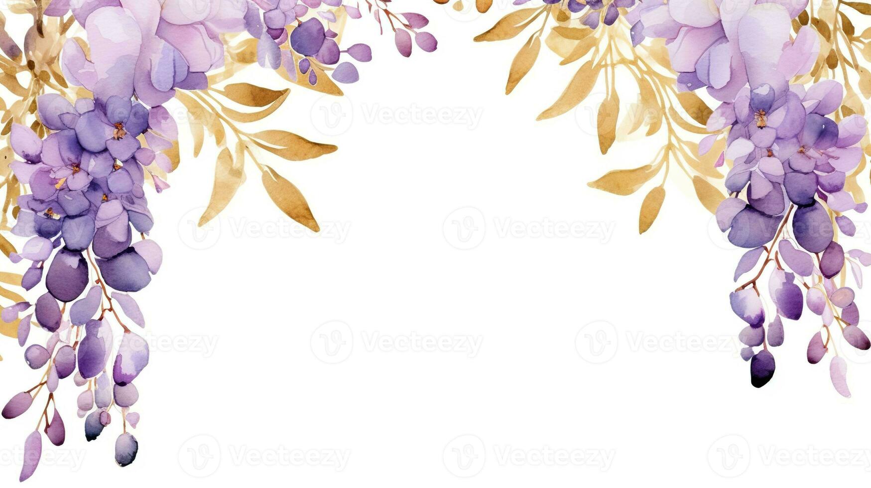 Watercolor wisteria with gold leaves, frame on white background with copy space. AI Generated photo