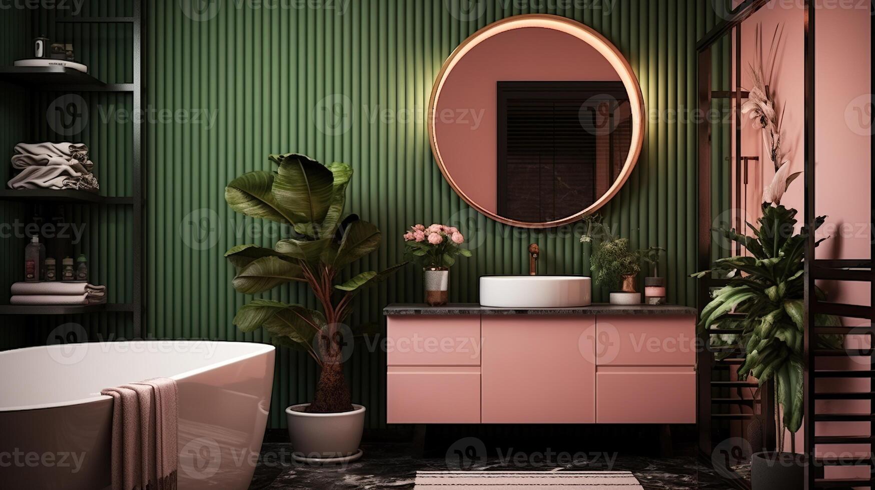 Bathroom, pink and dark green colors. Interior design. AI Generated