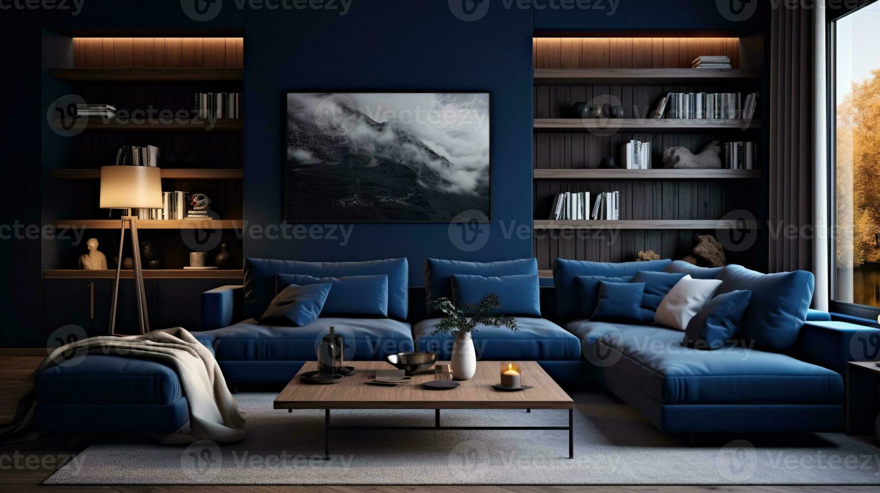 Dark Blue monochrome living room. Interior design. AI Generated photo